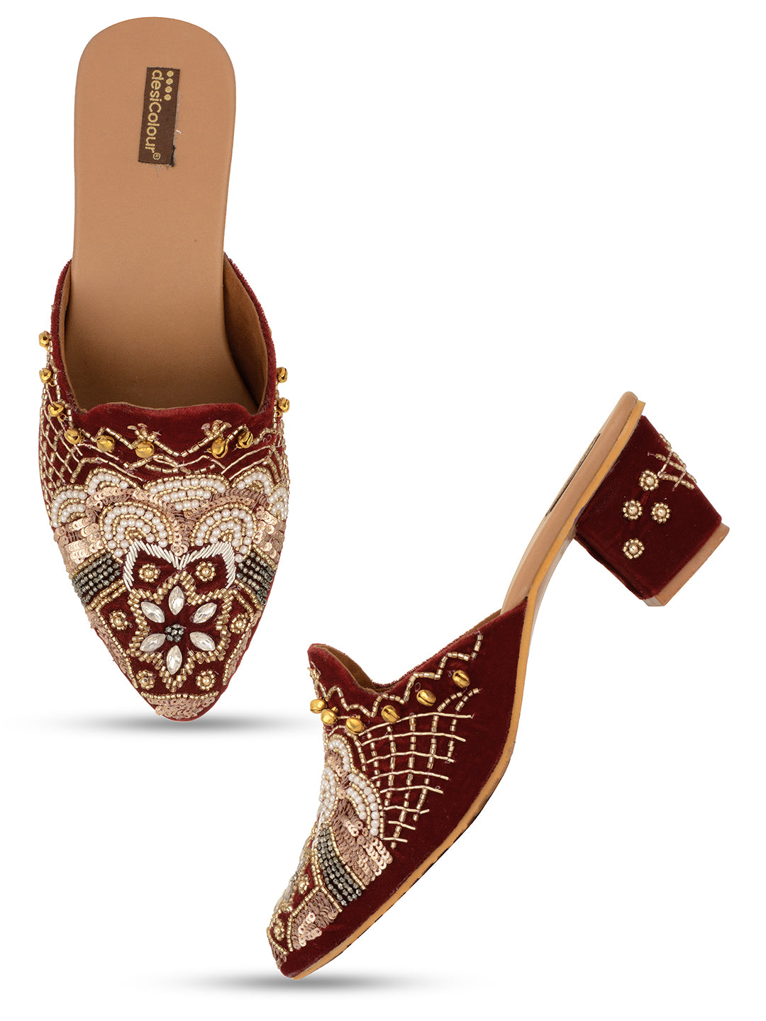 DESI COLOUR Maroon Printed Ethnic Block Pumps