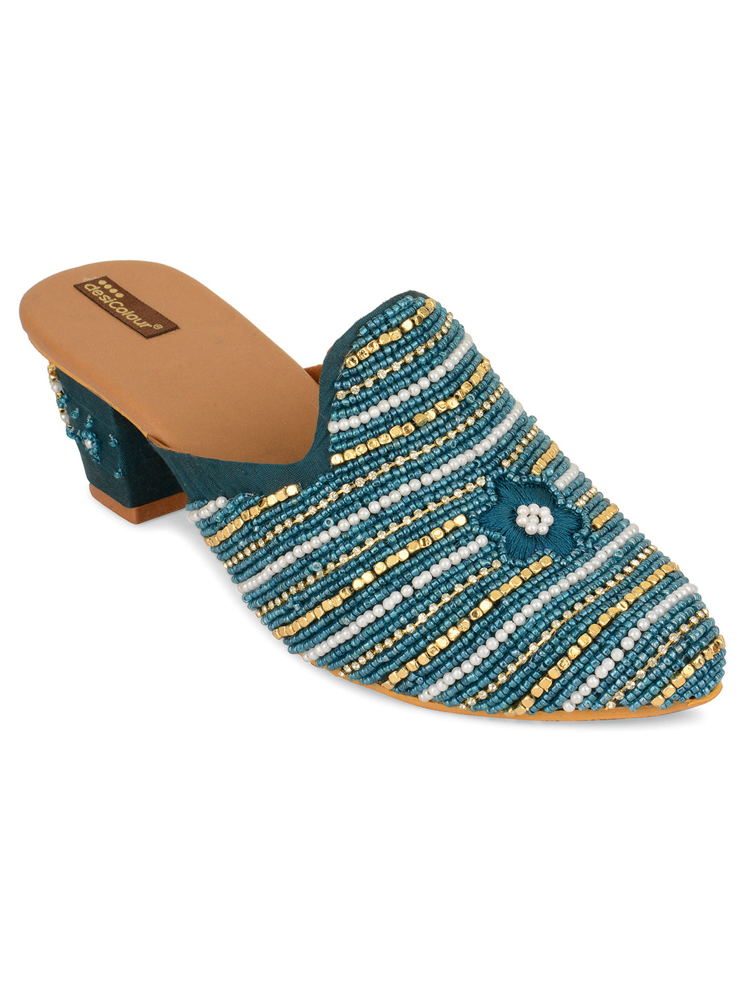 DESI COLOUR Women Teal Pearl Hand Enbroided regular ankle and open back Ethnic Block Mules