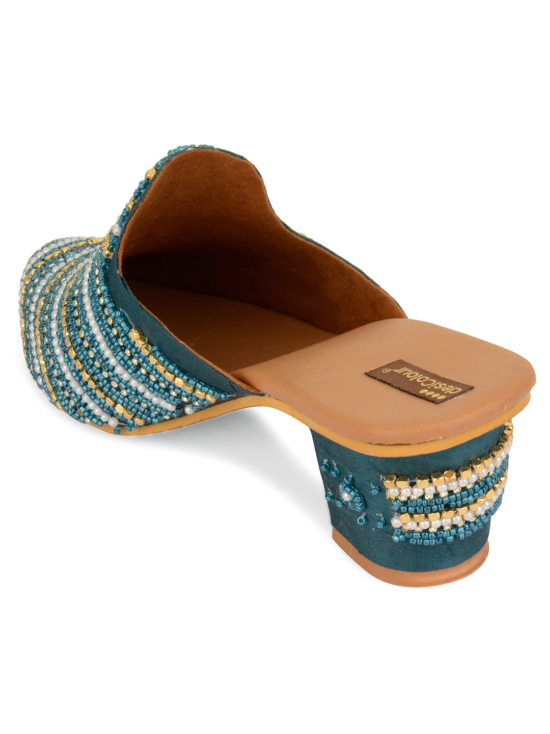 DESI COLOUR Women Teal Pearl Hand Enbroided regular ankle and open back Ethnic Block Mules