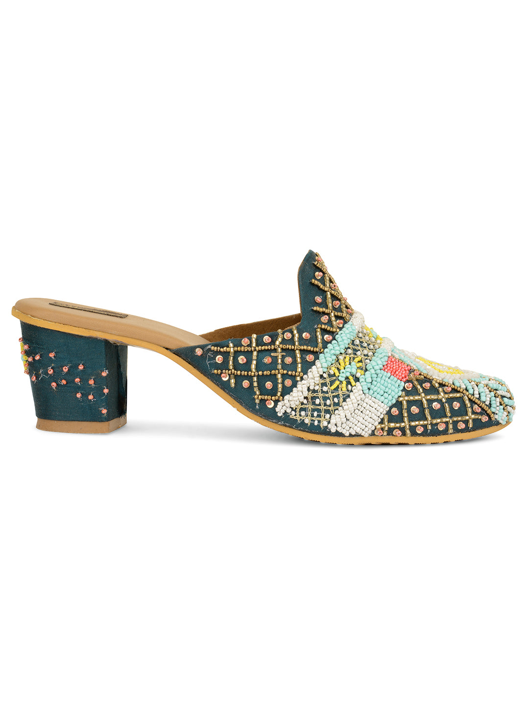 DESI COLOUR Women Green multi color Hand Embroided Ethnic Block Mules