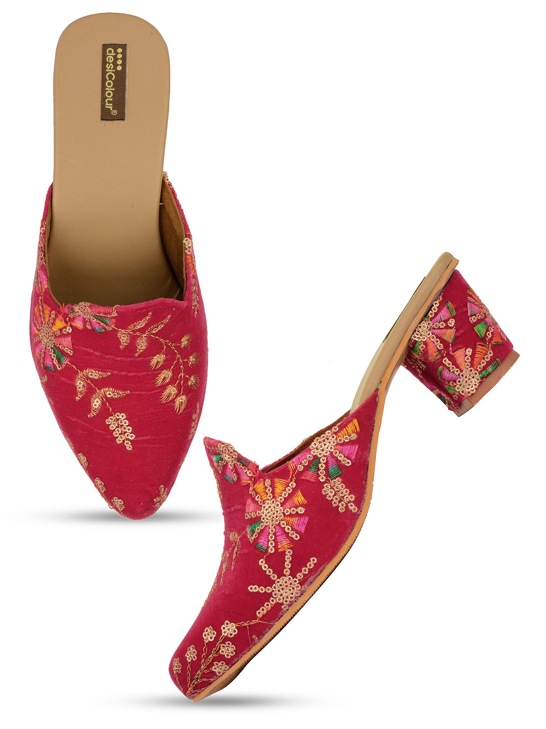 DESI COLOUR Pink Ethnic Block Mules with Tassels