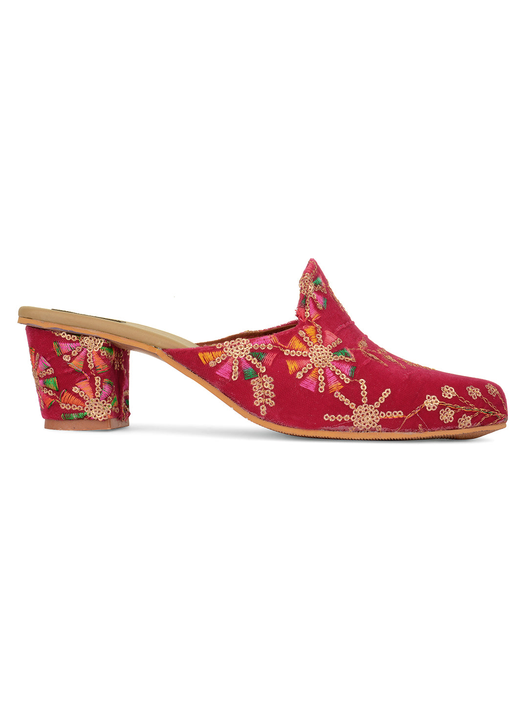 DESI COLOUR Pink Ethnic Block Mules with Tassels