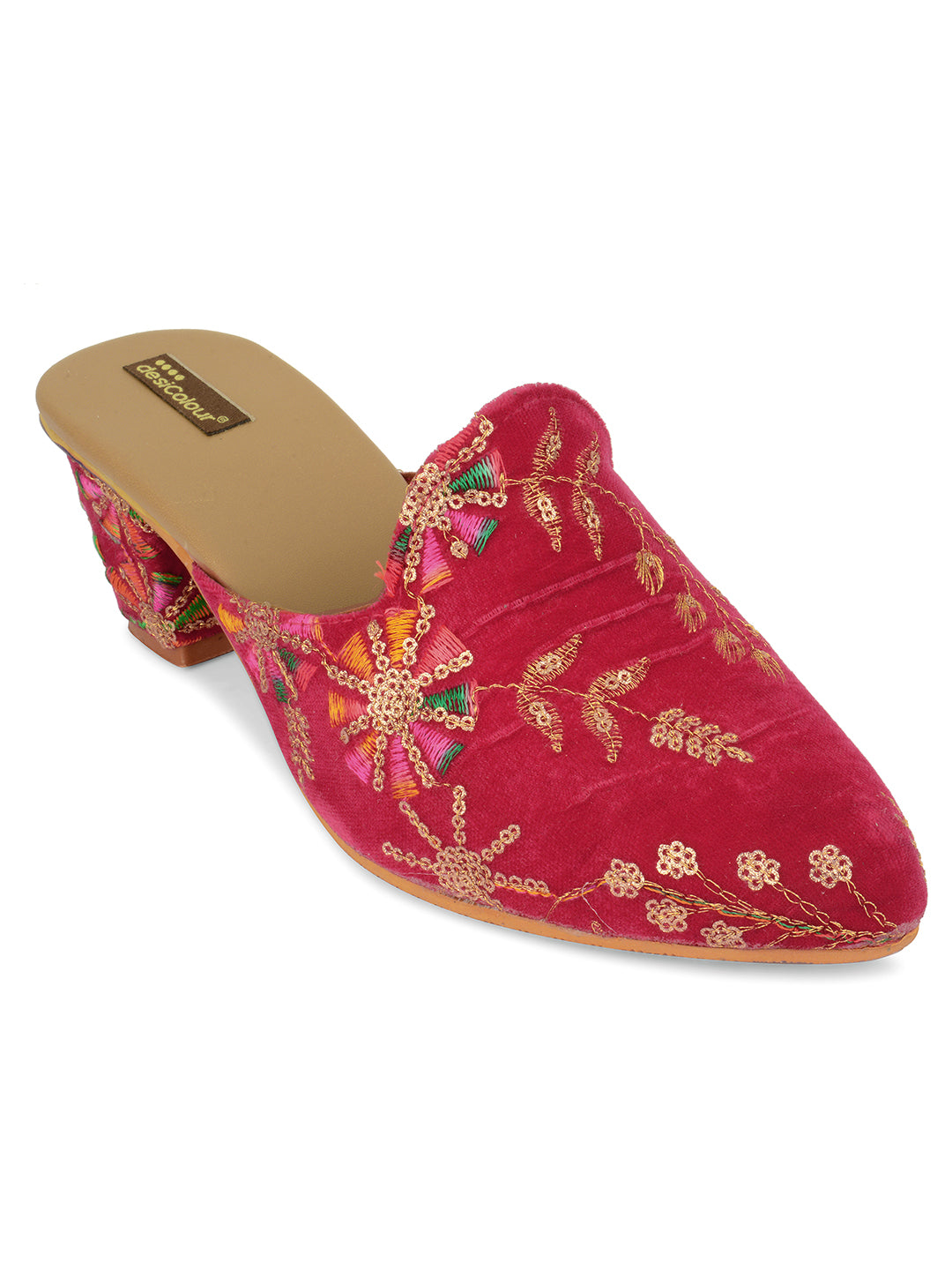DESI COLOUR Pink Ethnic Block Mules with Tassels