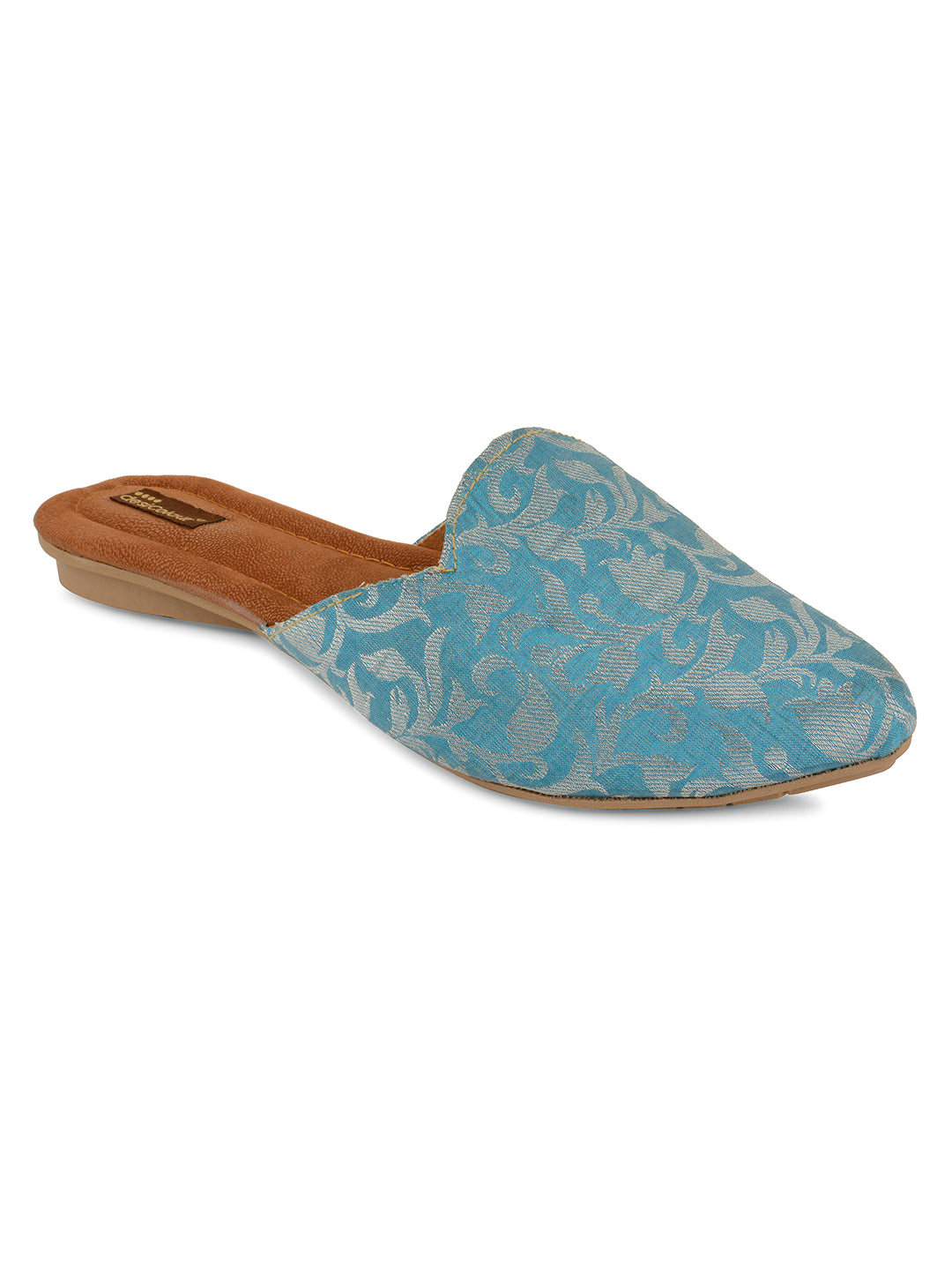 DESI COLOUR Women Blue Printed Leather Ethnic Flats