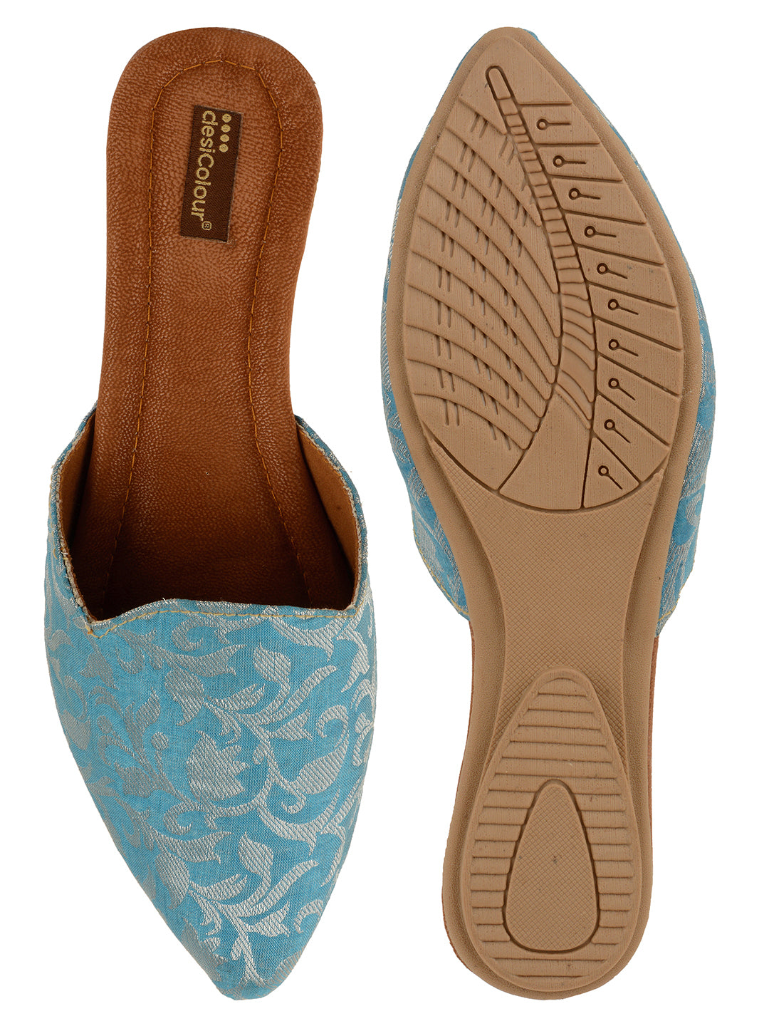 DESI COLOUR Women Blue Printed Leather Ethnic Flats