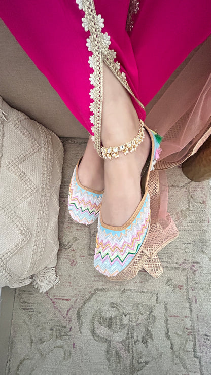 Multicolour Bridal Leather Jutti with Pastel Thread, Sequin & Tassels for Women