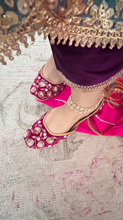 Elara Gulnaar Pink Velvet Leather Jutti with Dabka & Pearl Work for Women