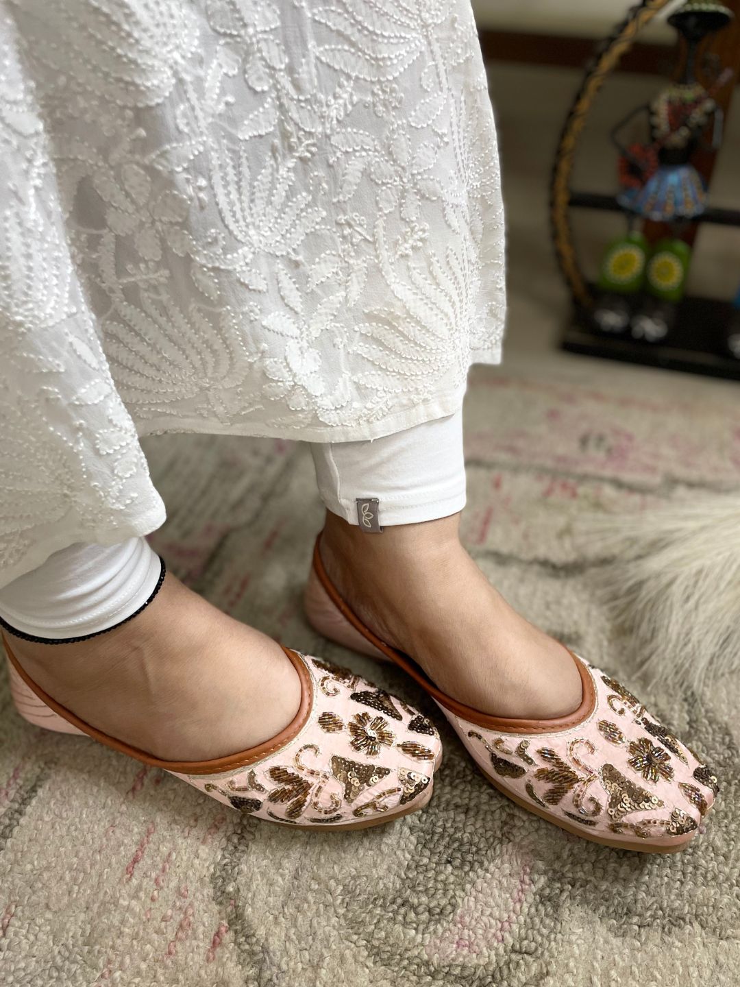 Women Peach-Coloured Embellished Mojaris