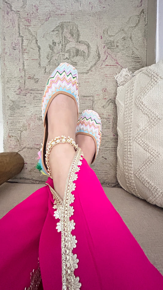 Multicolour Bridal Leather Jutti with Pastel Thread, Sequin & Tassels for Women