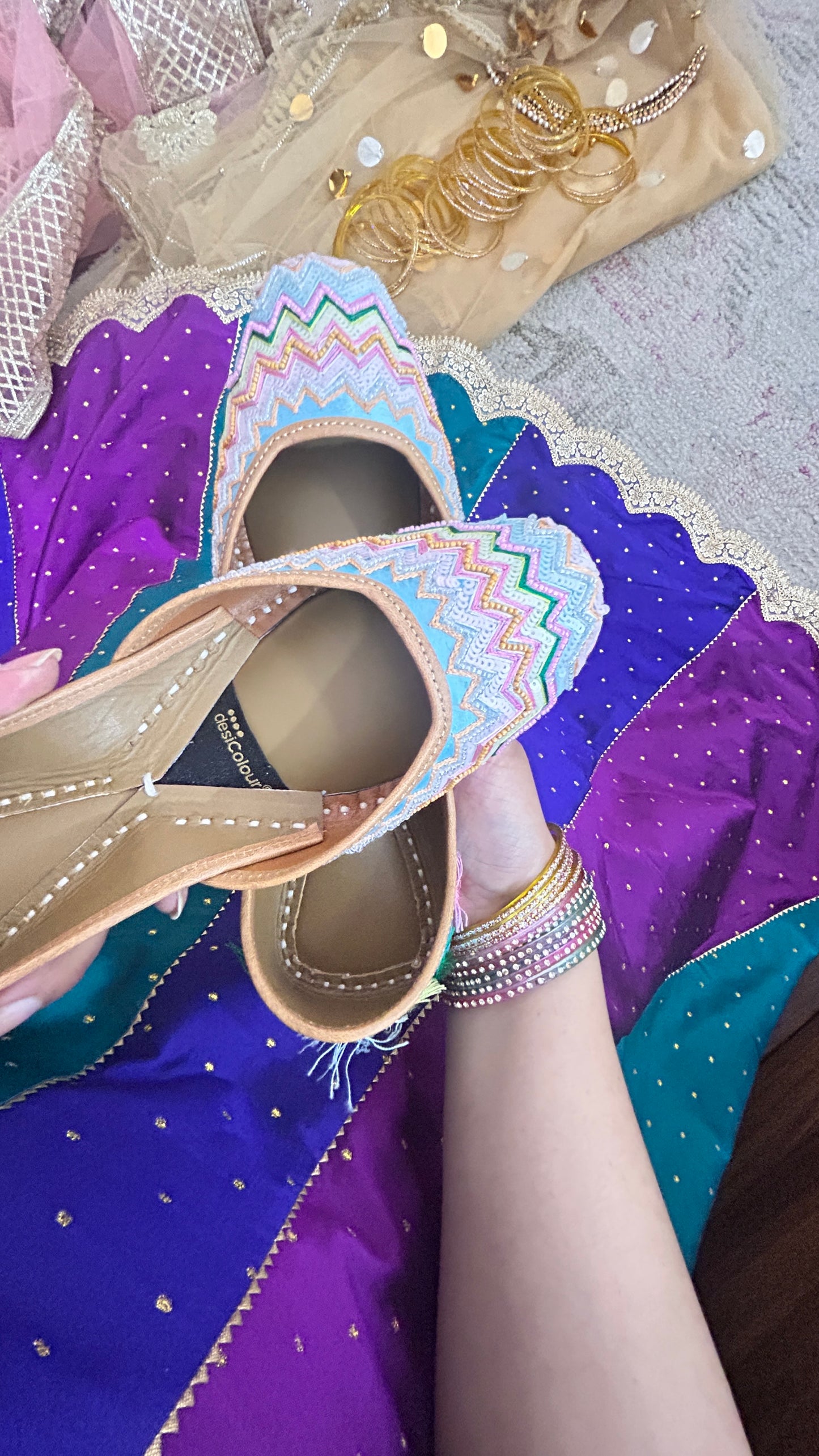 Multicolour Bridal Leather Jutti with Pastel Thread, Sequin & Tassels for Women
