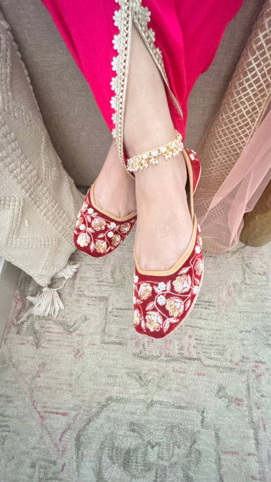Red Bridal Velvet Leather Jutti with Dabka & Pearl Work for Women