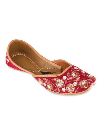 Elara Gulnaar Pink Velvet Leather Jutti with Dabka & Pearl Work for Women