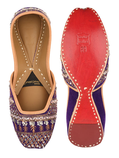 Purple Leather Bridal Mojari with Stone & Sequin Work for Women