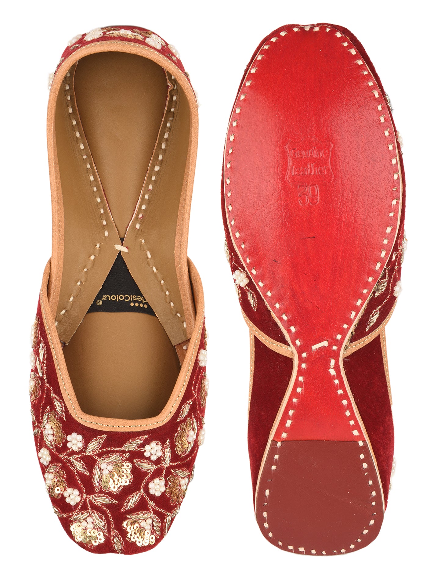 Red Bridal Velvet Leather Jutti with Dabka & Pearl Work for Women