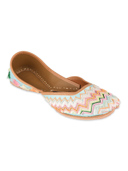 Multicolour Bridal Leather Jutti with Pastel Thread, Sequin & Tassels for Women