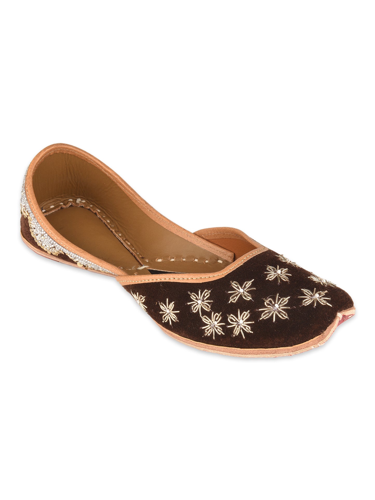 Brown Bridal Leather Jutti with Velvet Dabka Work for Women
