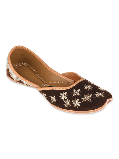 Brown Bridal Leather Jutti with Velvet Dabka Work for Women