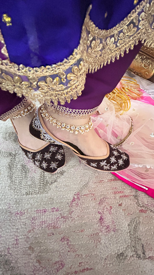 Brown Bridal Leather Jutti with Velvet Dabka Work for Women