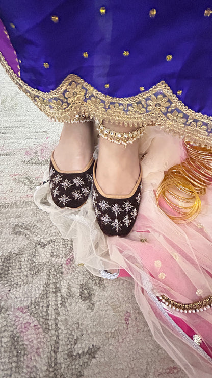 Brown Bridal Leather Jutti with Velvet Dabka Work for Women