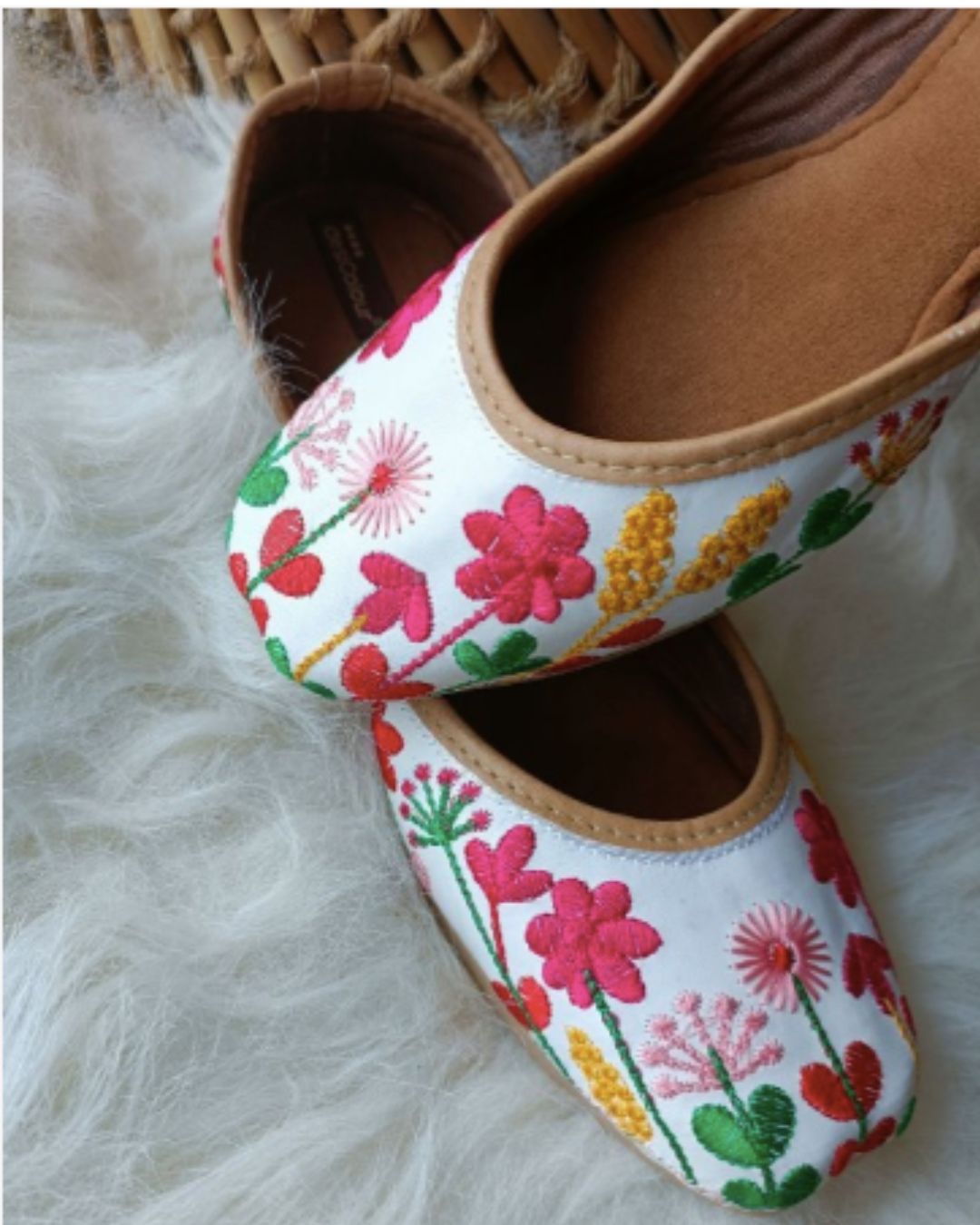 White Floral Embroidered Ethnic Flats for Women