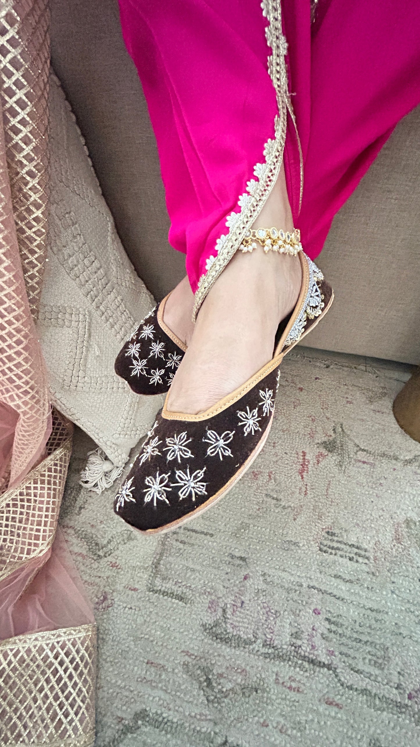 Brown Bridal Leather Jutti with Velvet Dabka Work for Women