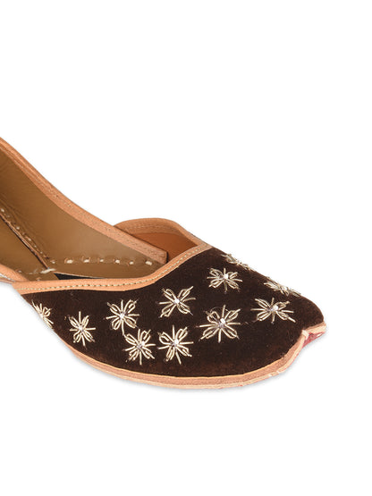 Brown Bridal Leather Jutti with Velvet Dabka Work for Women