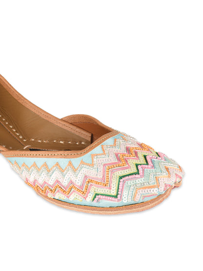 Multicolour Bridal Leather Jutti with Pastel Thread, Sequin & Tassels for Women