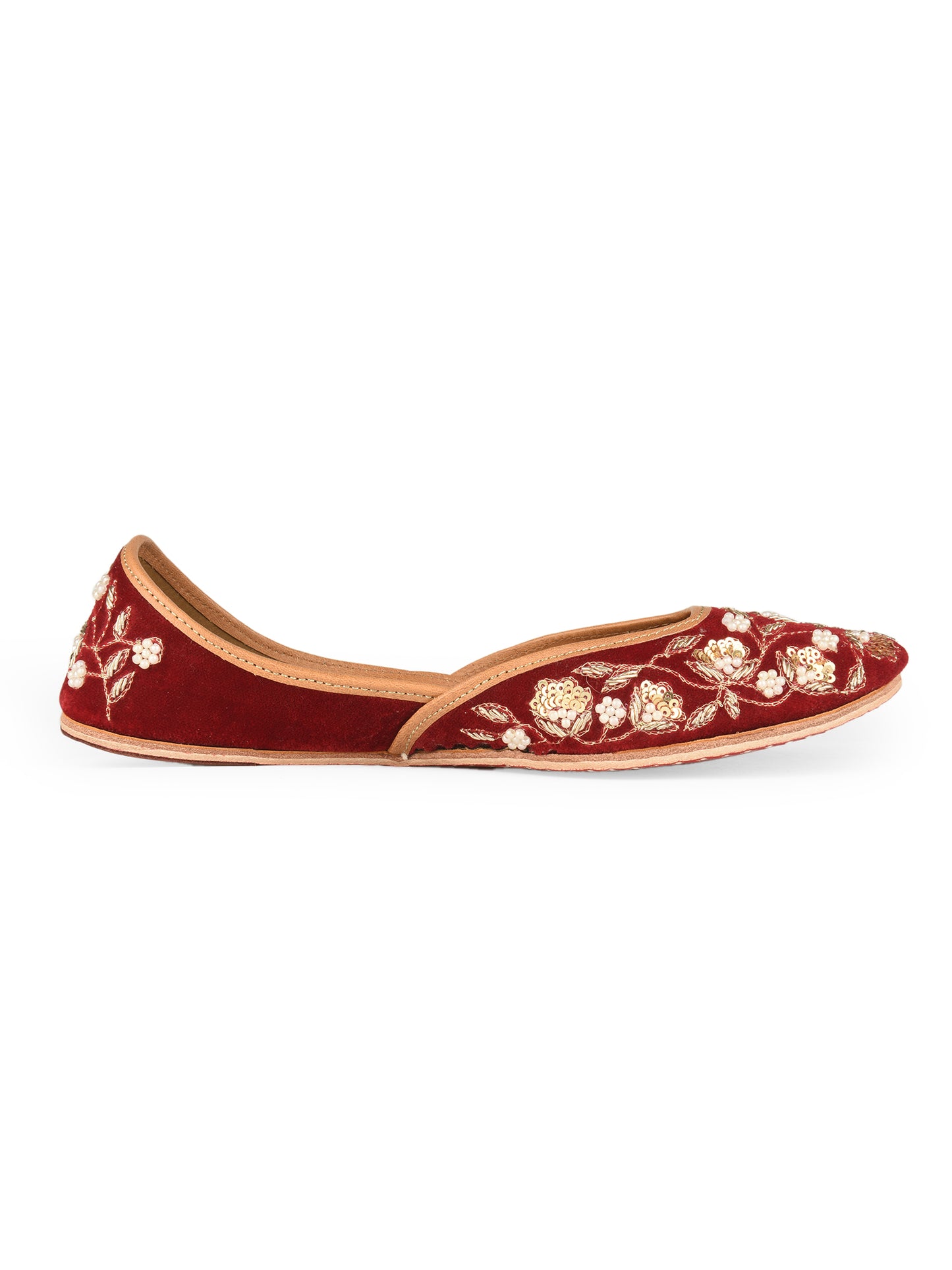 Red Bridal Velvet Leather Jutti with Dabka & Pearl Work for Women