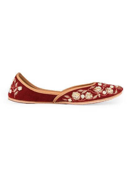 Red Bridal Velvet Leather Jutti with Dabka & Pearl Work for Women