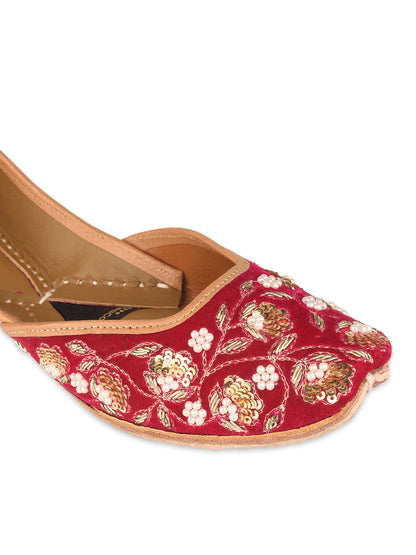 Elara Gulnaar Pink Velvet Leather Jutti with Dabka & Pearl Work for Women