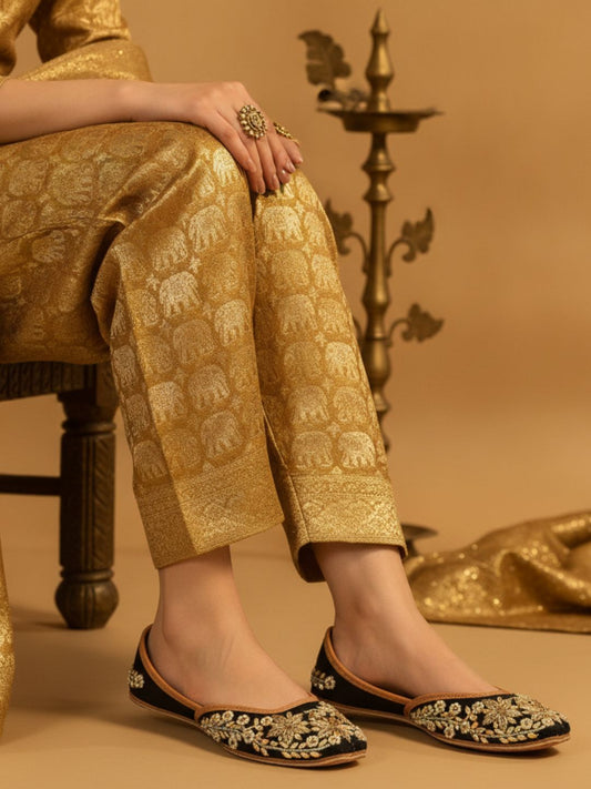Aarna Black Bridal Leather Mojari with Dabka Work for Women