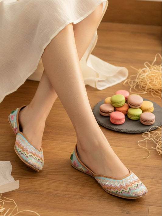 Multicolour Bridal Leather Jutti with Pastel Thread, Sequin & Tassels for Women