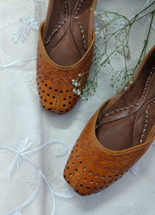 Women Tan Embellished Leather Ethnic Mojaris with Laser Cuts Flats