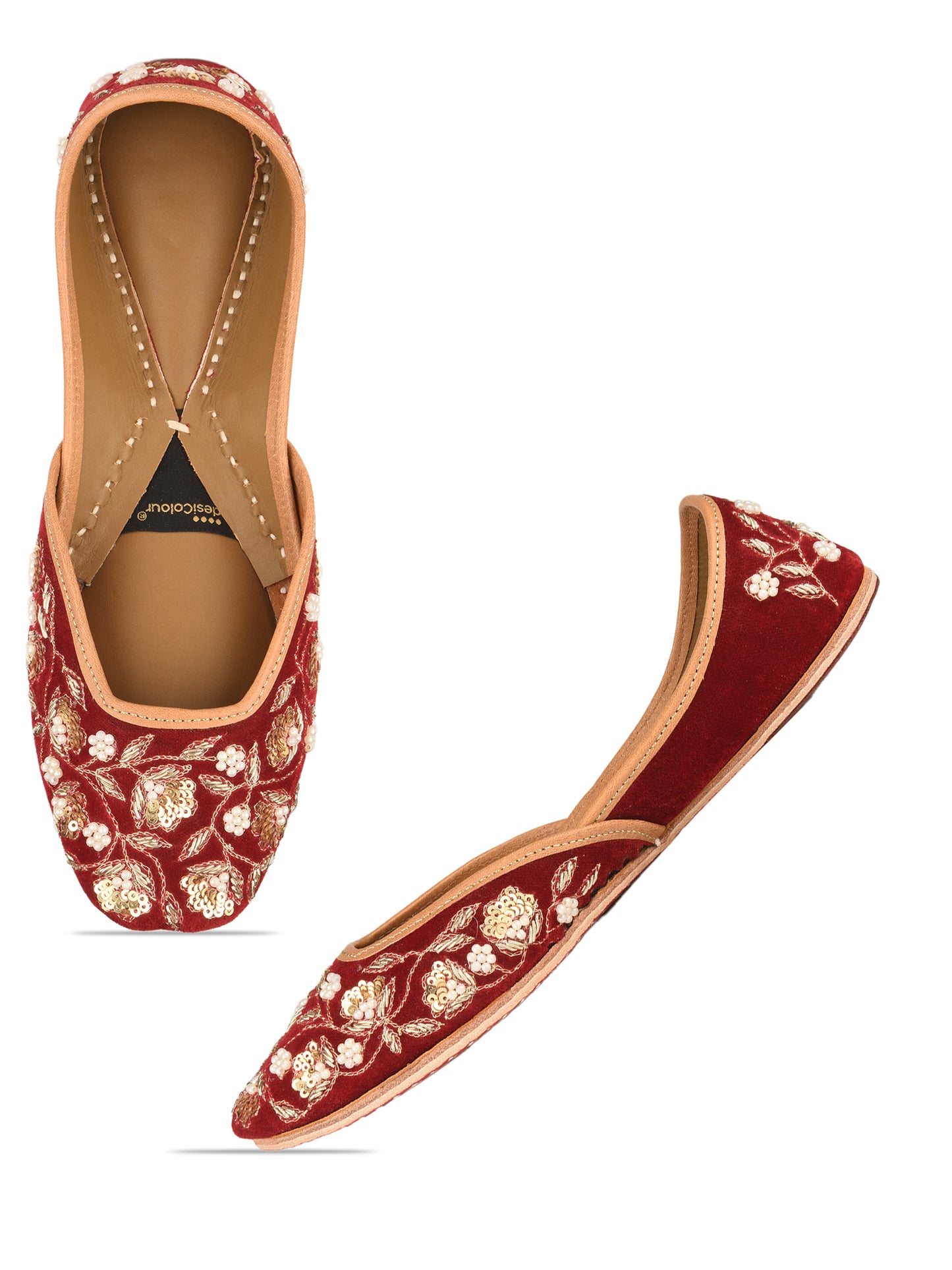 Red Bridal Velvet Leather Jutti with Dabka & Pearl Work for Women