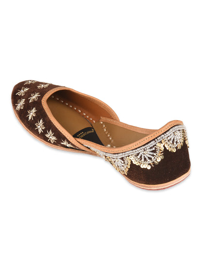 Brown Bridal Leather Jutti with Velvet Dabka Work for Women