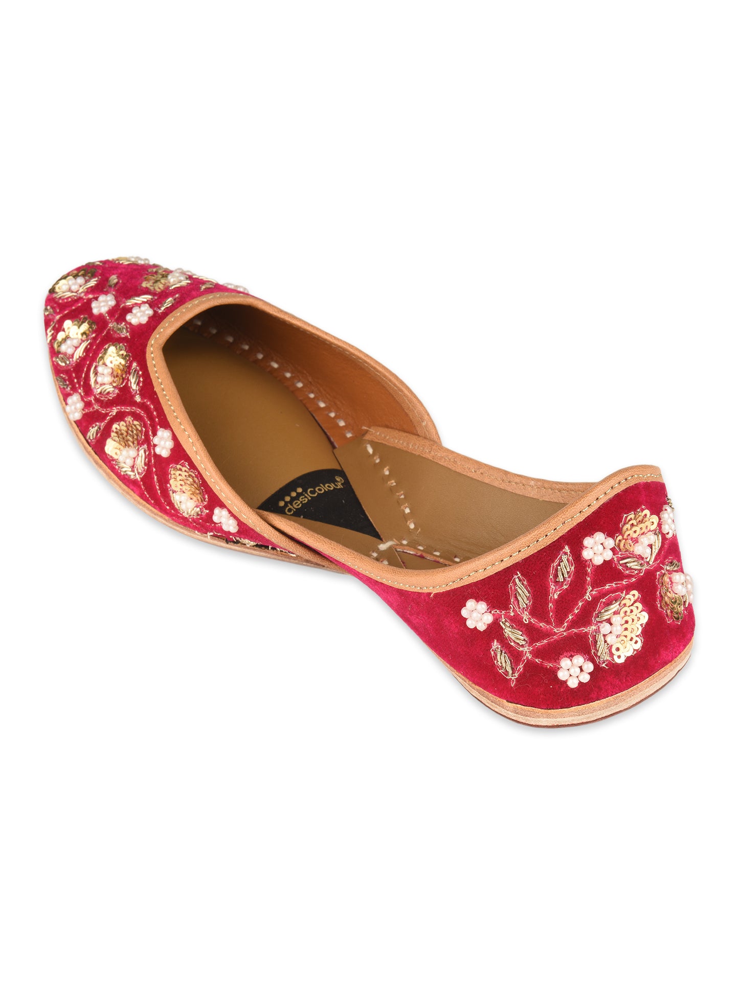 Elara Gulnaar Pink Velvet Leather Jutti with Dabka & Pearl Work for Women