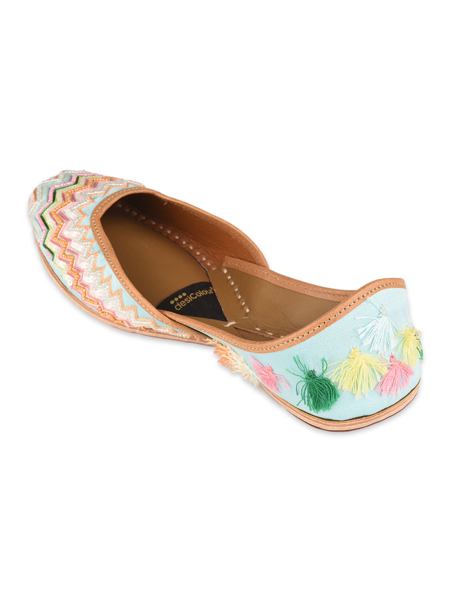 Multicolour Bridal Leather Jutti with Pastel Thread, Sequin & Tassels for Women