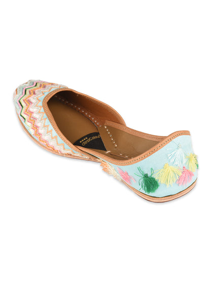 Multicolour Bridal Leather Jutti with Pastel Thread, Sequin & Tassels for Women