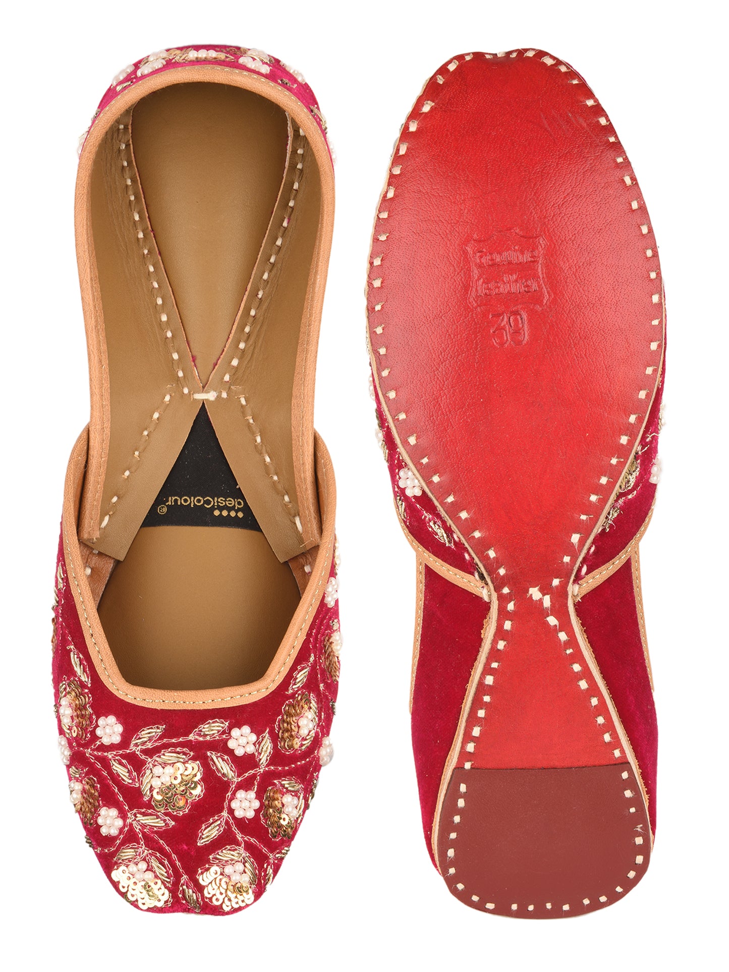 Elara Gulnaar Pink Velvet Leather Jutti with Dabka & Pearl Work for Women