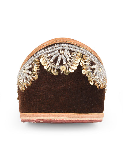 Brown Bridal Leather Jutti with Velvet Dabka Work for Women