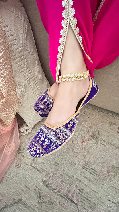 Purple Leather Bridal Mojari with Stone & Sequin Work for Women