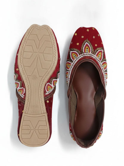 Red Velvet Pearl work Cushioned Jutti for Women