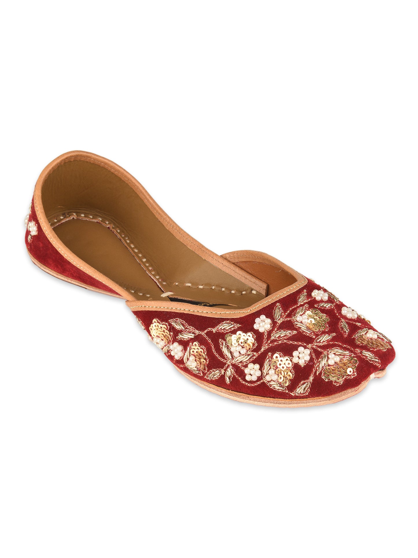 Red Bridal Velvet Leather Jutti with Dabka & Pearl Work for Women