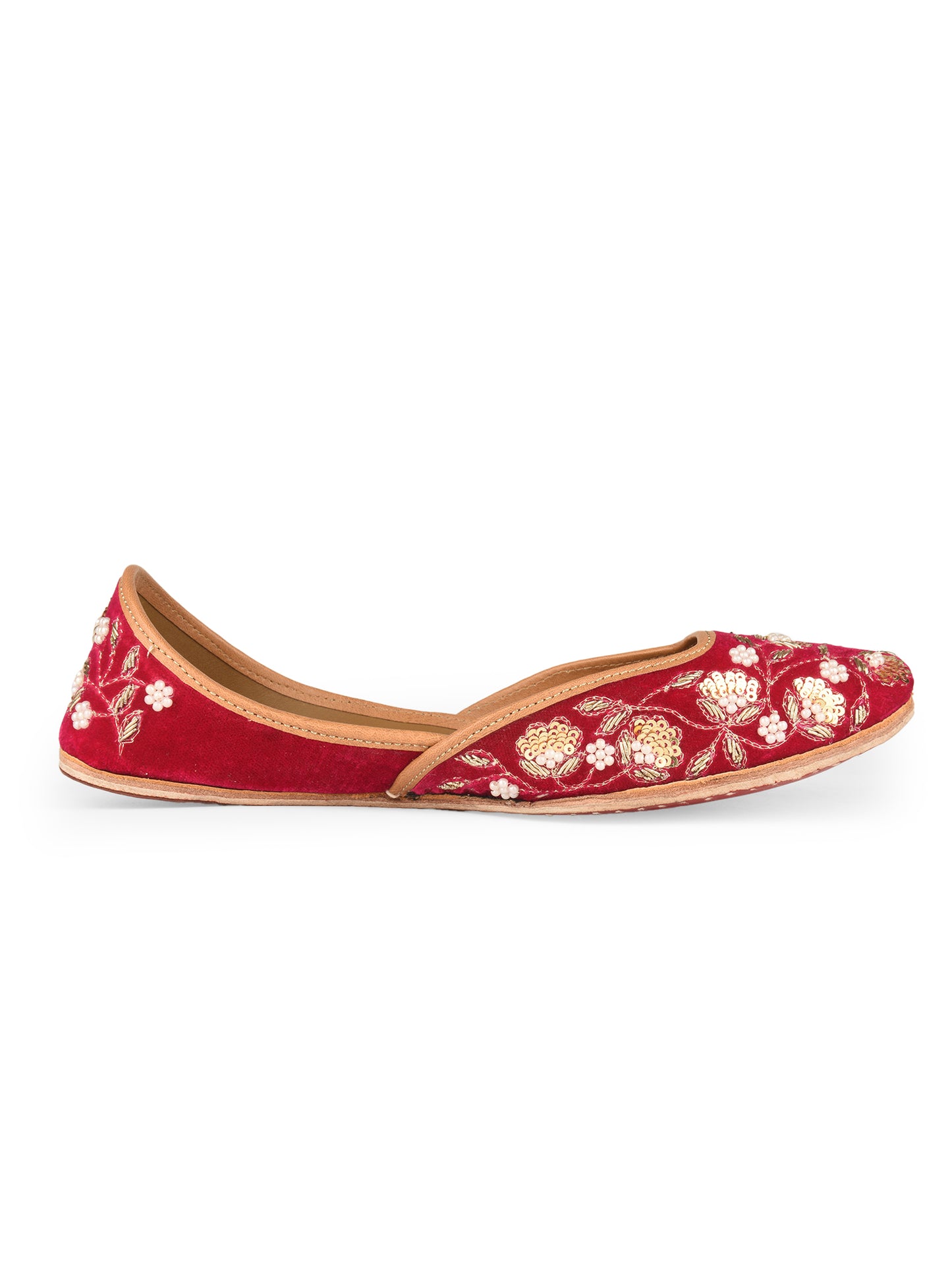 Elara Gulnaar Pink Velvet Leather Jutti with Dabka & Pearl Work for Women