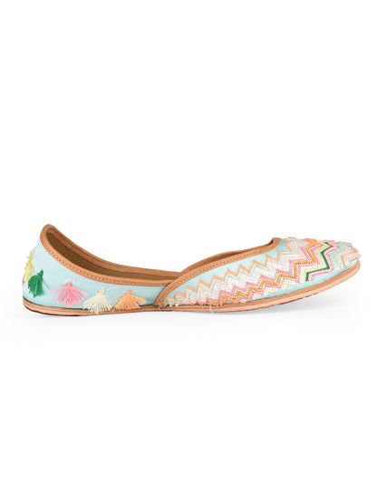 Multicolour Bridal Leather Jutti with Pastel Thread, Sequin & Tassels for Women