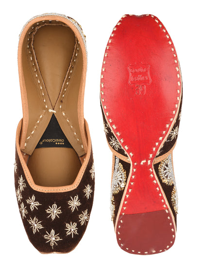 Brown Bridal Leather Jutti with Velvet Dabka Work for Women