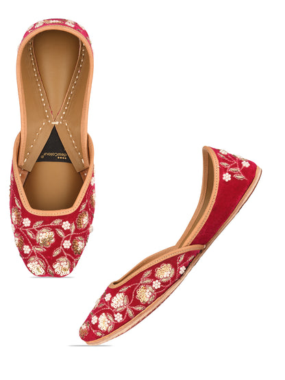 Elara Gulnaar Pink Velvet Leather Jutti with Dabka & Pearl Work for Women