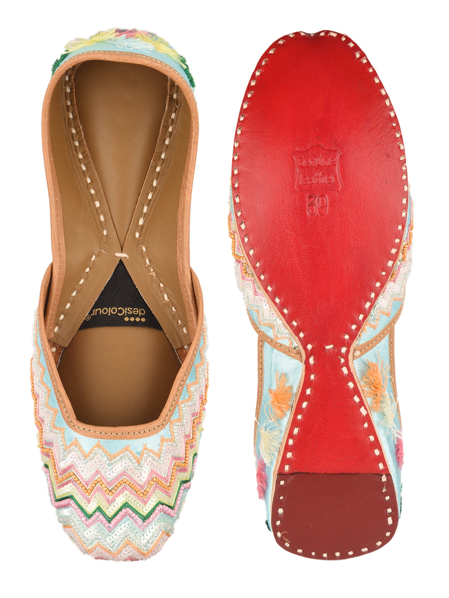 Multicolour Bridal Leather Jutti with Pastel Thread, Sequin & Tassels for Women
