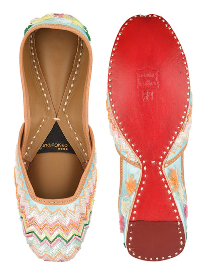 Multicolour Bridal Leather Jutti with Pastel Thread, Sequin & Tassels for Women
