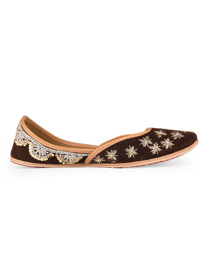 Brown Bridal Leather Jutti with Velvet Dabka Work for Women